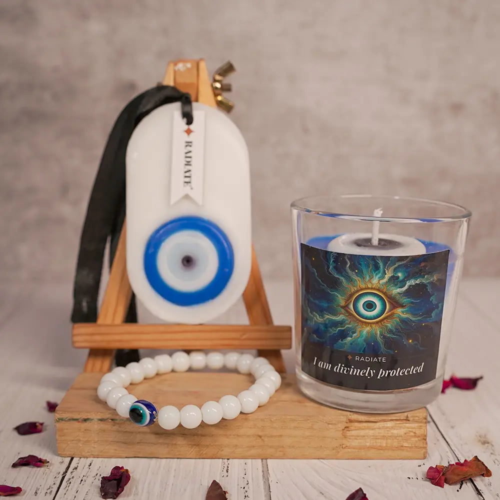 Evil eye protection combo gift with Jasmine Scented evil eye candle, Clarity sage scented evil eye wax sachet and evil eye moonstone beaded bracelet unisex